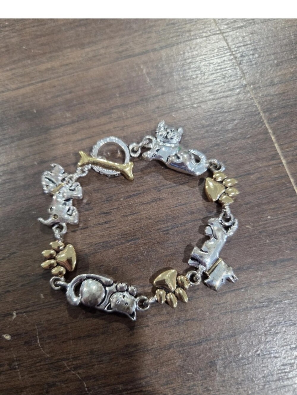 Vintage Silver and Gold Tone Premier Design Dog and Cat Toggle Bracelet.